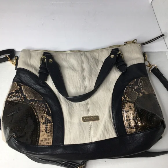 Jessica Simpson Shoulder Bag Crossbody Strap Black Cream & Snake Print Leather - Picture 5 of 8